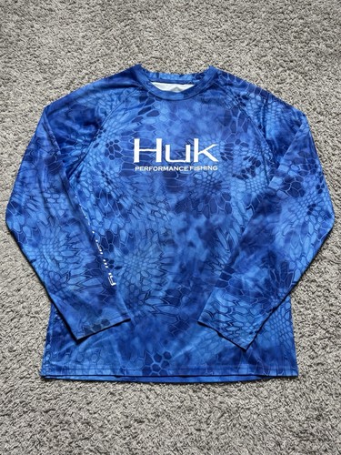 Huk Kryptek Performance Pullover Shirt Mens Size Medium Blue Camo Long Sleeve