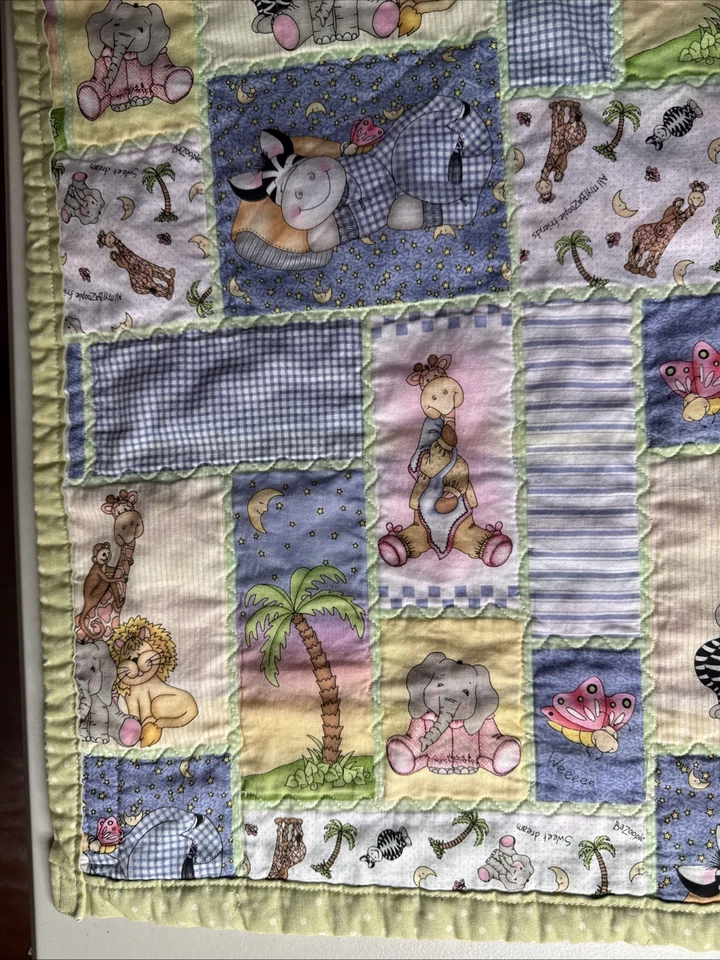 "Manta de bebé hecha a mano parche tramposo animales de zoológico lunares verdes espalda 27X36""" Foto 3 de 4