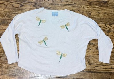 LIV Milano Women's Cream Knit V-Neck Dolman Sleeve Beaded Dragonfly Sweater L