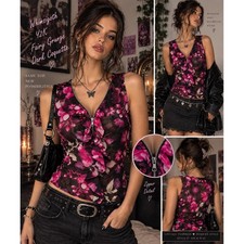 Y2K Pink Floral Mesh Ruffle Zipper Top L Sheer Whimsigoth Fairy Grunge Coquette