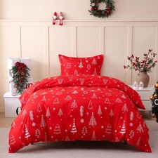 Red Christmas Tree Kids Duvet Cover Set Twin Size, 2 Piece Xmas Comforter Cov...