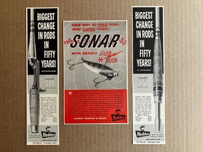 1959 Heddon Mark III / Mark IV Fishing Rods & Sonar Lure Print Ads Lot of (3) - Photo 1/4