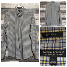 Banana Republic Slim Flex Fit Tech Stretch Plaid Button Up Shirt Men s L Gray