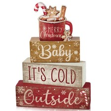 Moucuny 4 Xmas Wooden Hot Cocoa Signs Table Decor Farmhouse Christmas Centerpiec