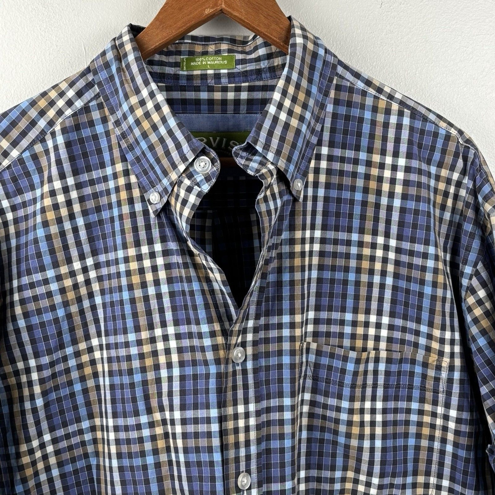 Orvis Shirt Mens Large Blue Checked Plaid Long Sleeve Button Up Cotton