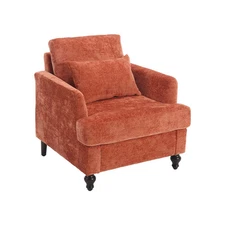 Modern Mid-Century Wood Armchair - Tufted Orange Chenille Upholstery