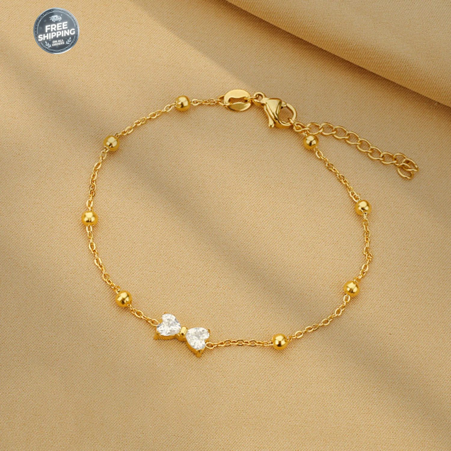 Woman 18K Gold Plated Stainless Steel Station Bead Chain Bowknow CZ Bracelet
