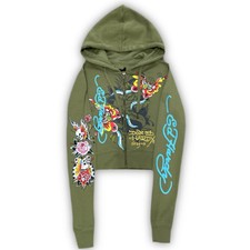 ED HARDY BUTTERFLIES SAGE CROPPED ZIP UP HOODIE