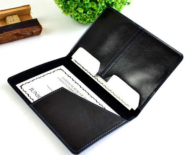 Cow Leather Passport Holder Wallet Bifold Card Pouch Black H330-image