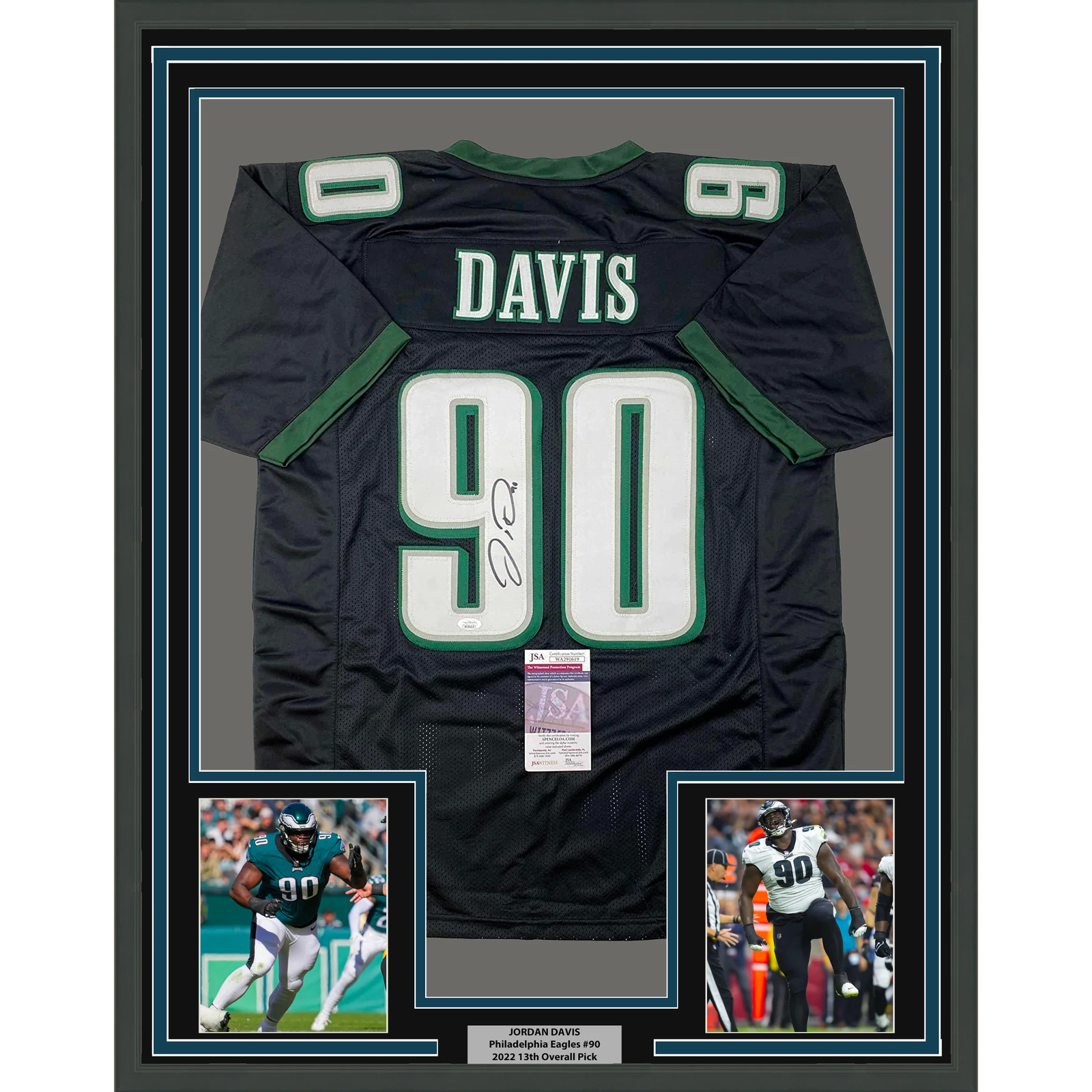 Jordan Davis Autographed Signed Philadelphia Eagles Framed / 33x42 Philadelphia Black Jersey JSA COA 