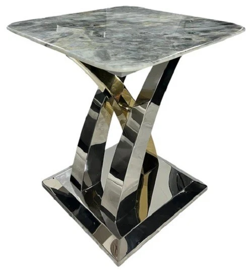 Side Table Marble Grey Top Gold & Chrome Modern Cross Leg - Image 2 of 2
