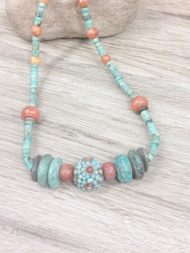 Blue Orange Necklace Bohemian Beads Jewelry Boho Pendant Chain Trinket Gift VTG - Picture 10 of 18