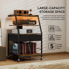 Media Stand Rack w/ Wheels Record Player Turntable Holder Cabinet Vinyl Storage