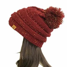 Wrapables Warm Knit Confetti Beanie with Pom Pom, Burgundy