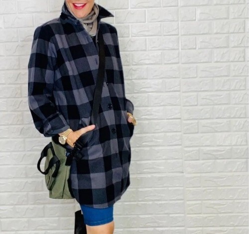 Joan Rivers grey/black buffalo check jacket with fleece lining Size M buttons - Picture 5 of 21
