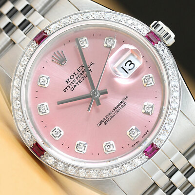 MENS ROLEX DATEJUST PINK RUBY DIAMOND 18K WHITE