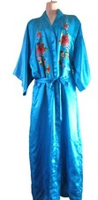 Turquoise Intricately Embroidered Flowers Birds Kimono Style Robe Lg. See Notes