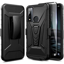 For TCL 20 A 5G / 4X 5G Case Holster Belt Clip Phone Cover with Tempered Glass
