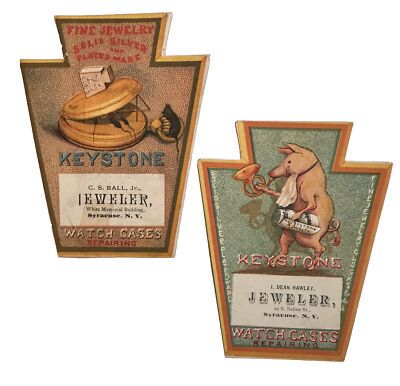 2 JEWELERS TRADE CARDS 1880s KEYSTONE WATCH CASE CS BALL/HAWLEY SYRACUSE NY B50