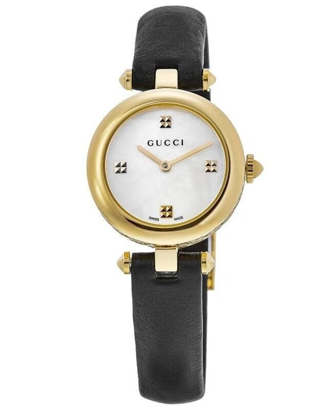 GUCCI 1200 WOMEN S DIAMANTISSIMA GOLD BLACK LEATHER SWISS WATCH YA141505