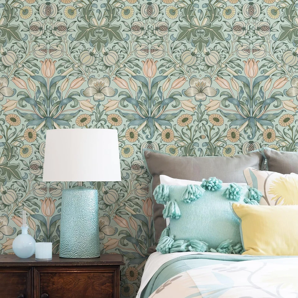 17.3"x118" William Morris Peel and Stick Pink Blue Lily Pomegranate Wallpaper - Image 4 of 4