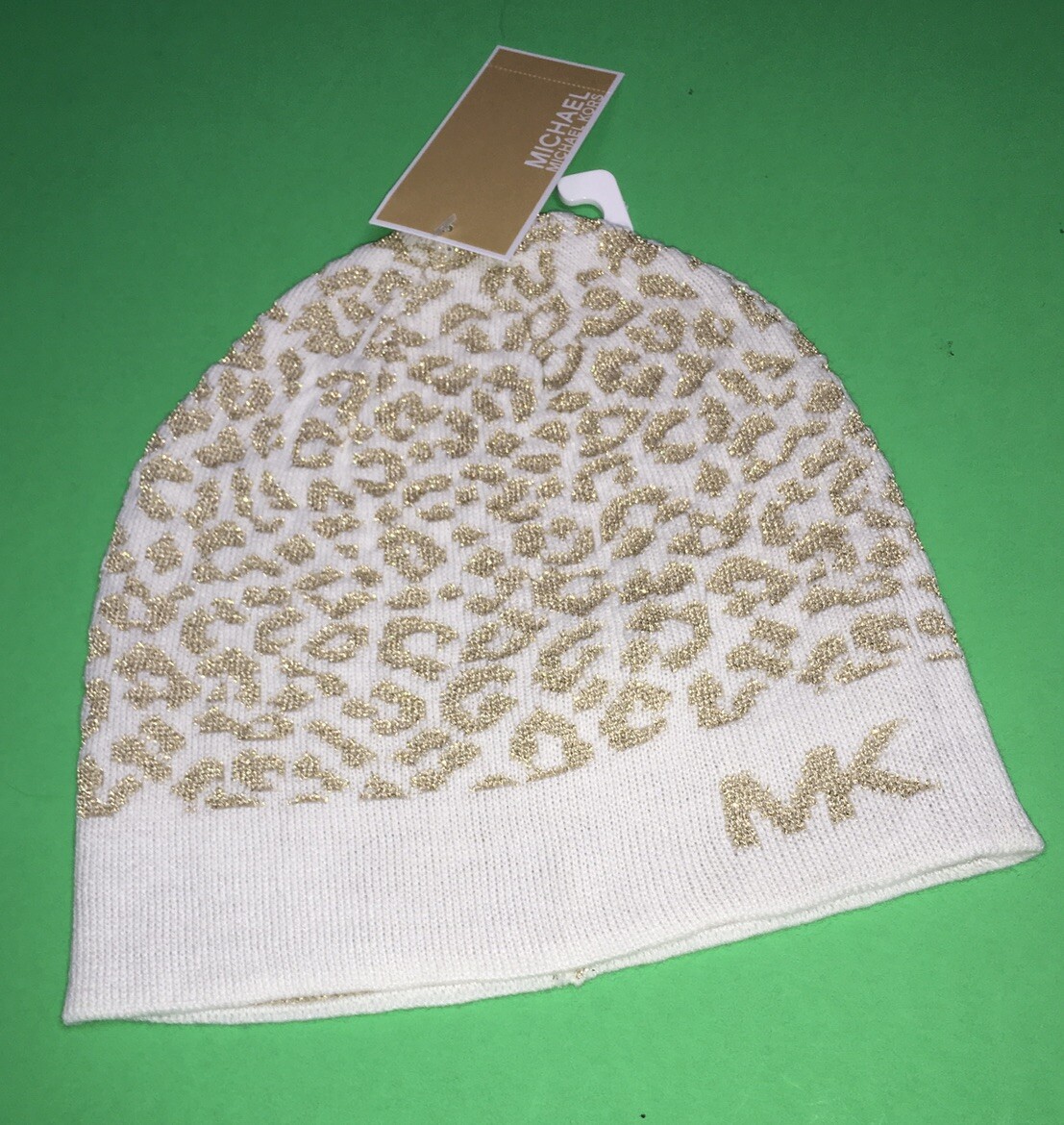 MICHAEL KORS Metallic LEOPARD PRINT BEANIE HAT (Ivory/Gold 