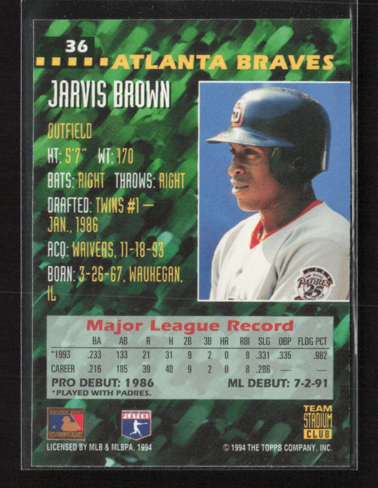 1994 Stadium Club Team First Day Issue #36 Jarvis Brown Atlanta Braves - Image 2 of 2