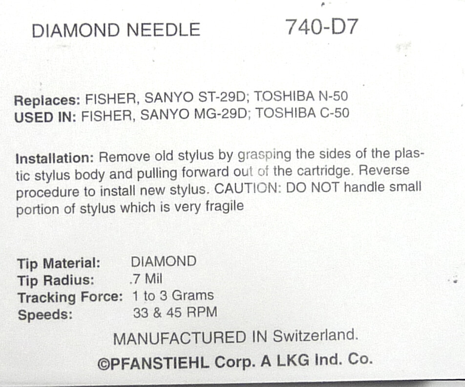 Phonograph Needle Stylus Sanyo Fisher ST-29D Toshiba N-50 C