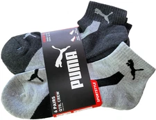 Puma Men's Quarter Crew Socks 6 Pack L Black Gray Half Terry Sportstyle Cushion