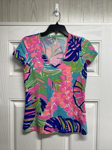 Lilly Pulitzer Michelle V Neck Multi Tropical Garden Kurzarm Tshirt Gr. XS