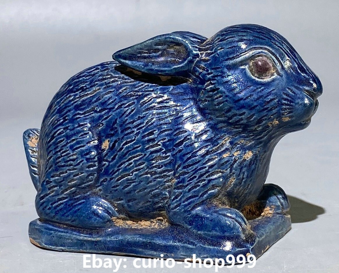 3.5 Inch Blue Glaze Porcelain Feng Shui Zodiac Rabbit Statue