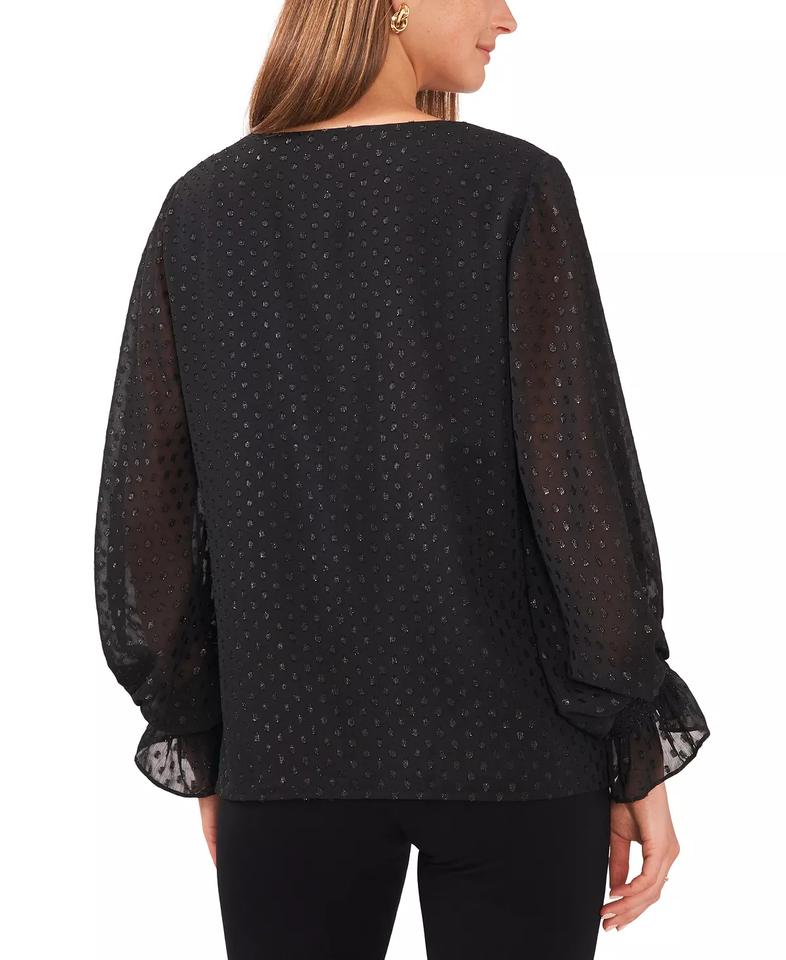 MSK Womens Large Long Sleeve ClipDot SmockedCuff Chiffon Top in Black