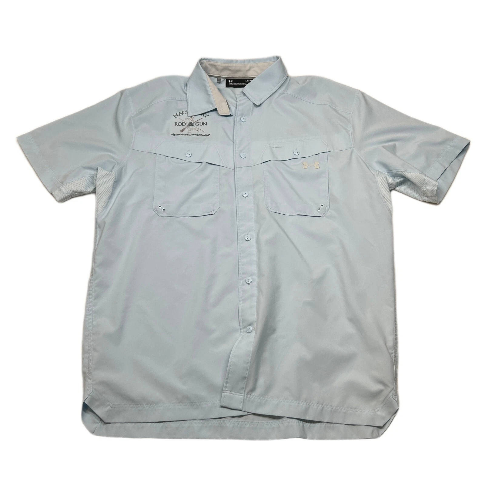 Under Armour Fishing Shirt Mens Large Lt Blue Rod & Gun Logo Vented Short Sleeve