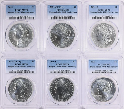 2021 Morgan & Peace Silver Dollar 6 Coin Set 100th Anniversary PCGS MS 70