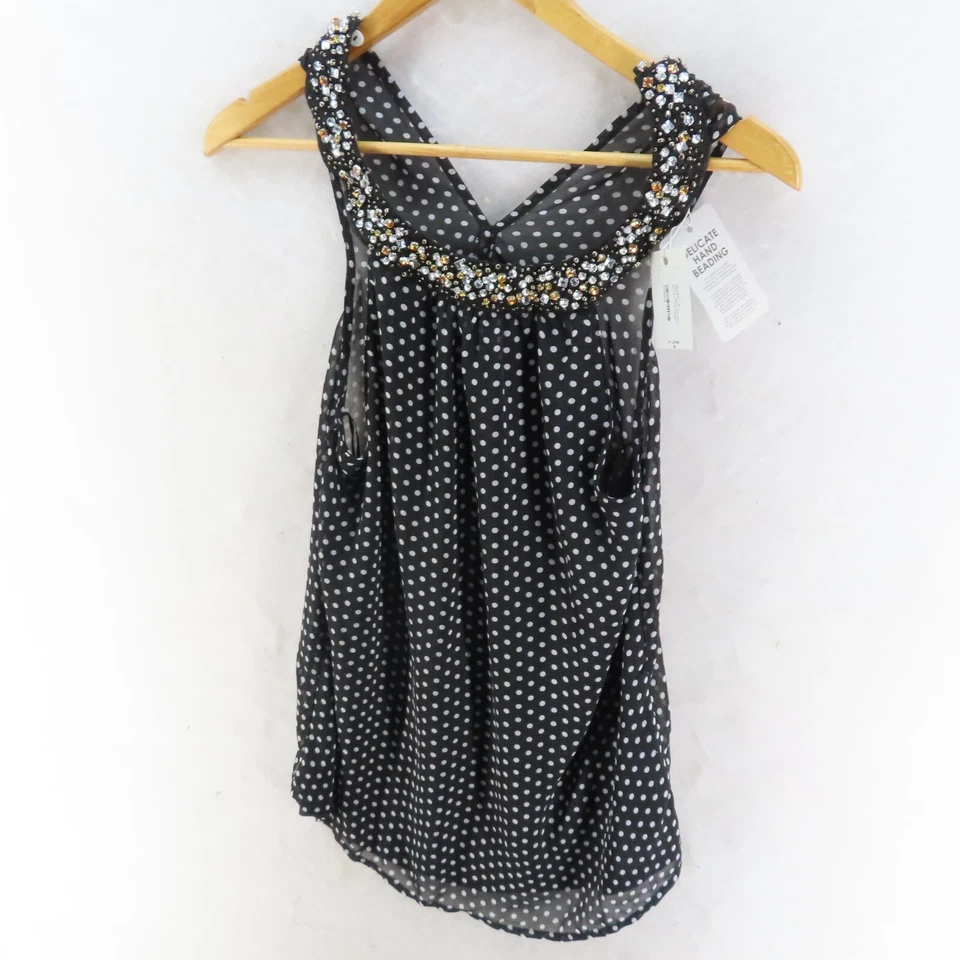VALLEY GIRL Womens Size 8 Sleeveless Black & White Dot Top Beaded Neckline - image 4 of 4