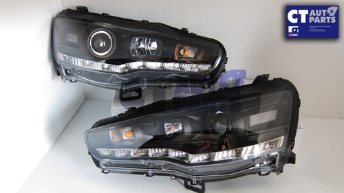 2007-2012 Mitsubishi Lancer EVO X Sedan BLACK LED DRL Projector HeadLights """"