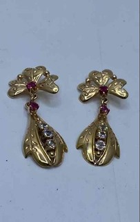 18K Yellow Gold Red Topaz & Clear Gemstone Earrings Pieces 4.8g