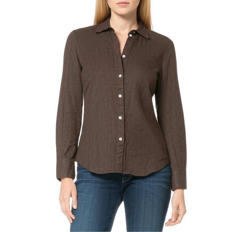 Camisa de lino Baird McNutt J Crew para mujer talla 0 marrón clásica preppy Foto 3 de 4