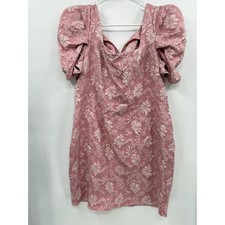 SHEIN 1XL Floral Jacquard Mini Dress Womens Pink Puff Sleeve Sweetheart Neck