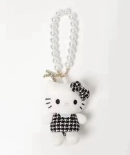 Sanrio Hello Kitty Mini 9cm y2k Kawaii Houndstooth White Plush Pearl Strap