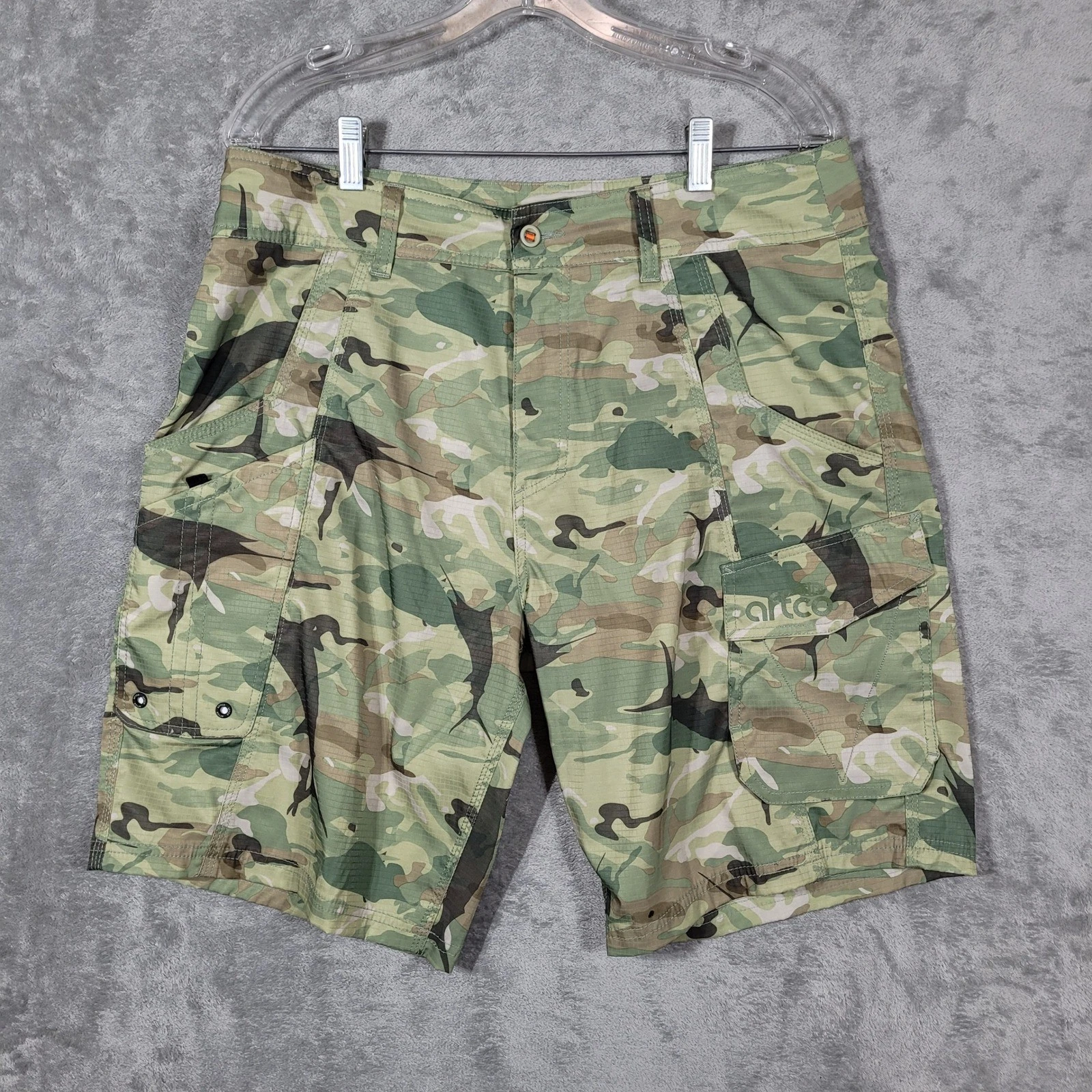 AFTCO TACTICAL FISHING SHORTS MENS 36 CAMO PERFORMANCE CARGO 10" GREEN RIPSTOP