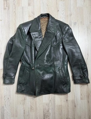 Vintage Motorrad Lederjacke grün 50s Zweireiher PRYM Kradfahrer Motorradjacke