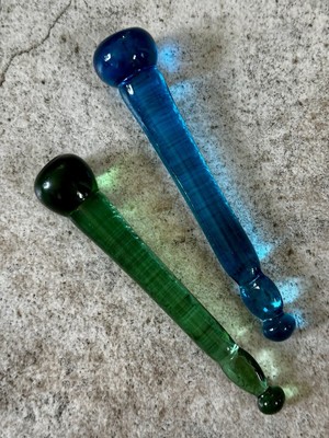 Pair of Vintage Hand Blown Glass Cocktail Muddlers   Green & Blue   Barware Tool