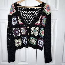 DEBUT Crochet Granny Square Cardigan L Black Multi Boho Patchwork Cropped Knit