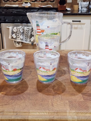 Coastal Lighthouse Pitcher & 4 Tumbler Glasses Set Nautical Beach Theme Plastic - Picture 2 of 7