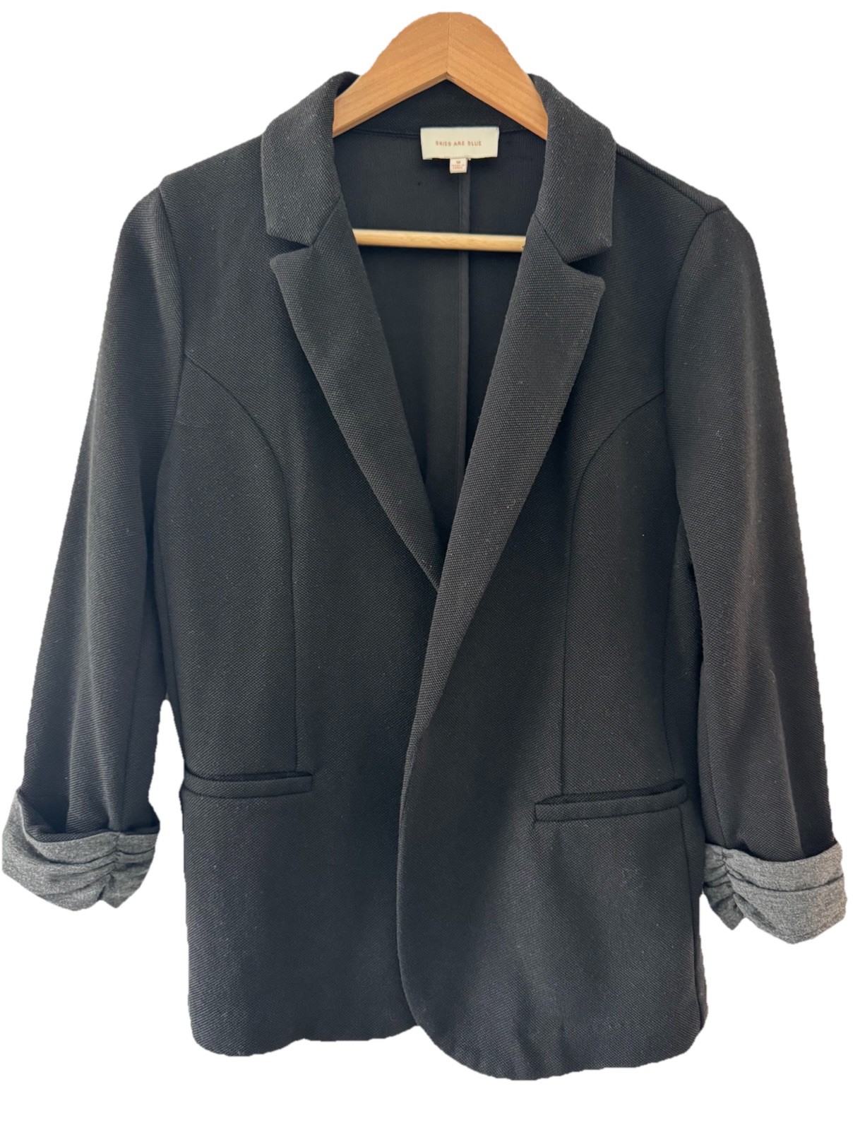 Skies Are Blue Black Knit Blazer Jacket Ruched Sleeve Open Front Medium