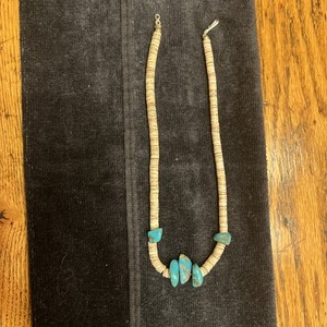Santo Domingo KEWA Vintage Heishi Cowrie Shell Turquoise Necklace Sterling Clasp