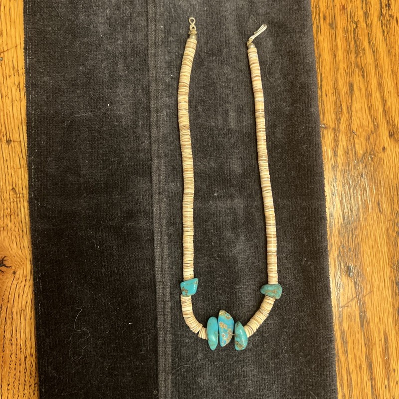 Santo Domingo KEWA Vintage Heishi Cowrie Shell Turquoise Necklace Sterling Clasp