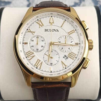 Men's Bulova Classic Wilton 97B169 White Dial Brown Leather Strap Quartz Watch