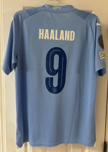 Manchester City Erling Haaland #9 Puma Jersey Men Large Blue UEFA Soccer 